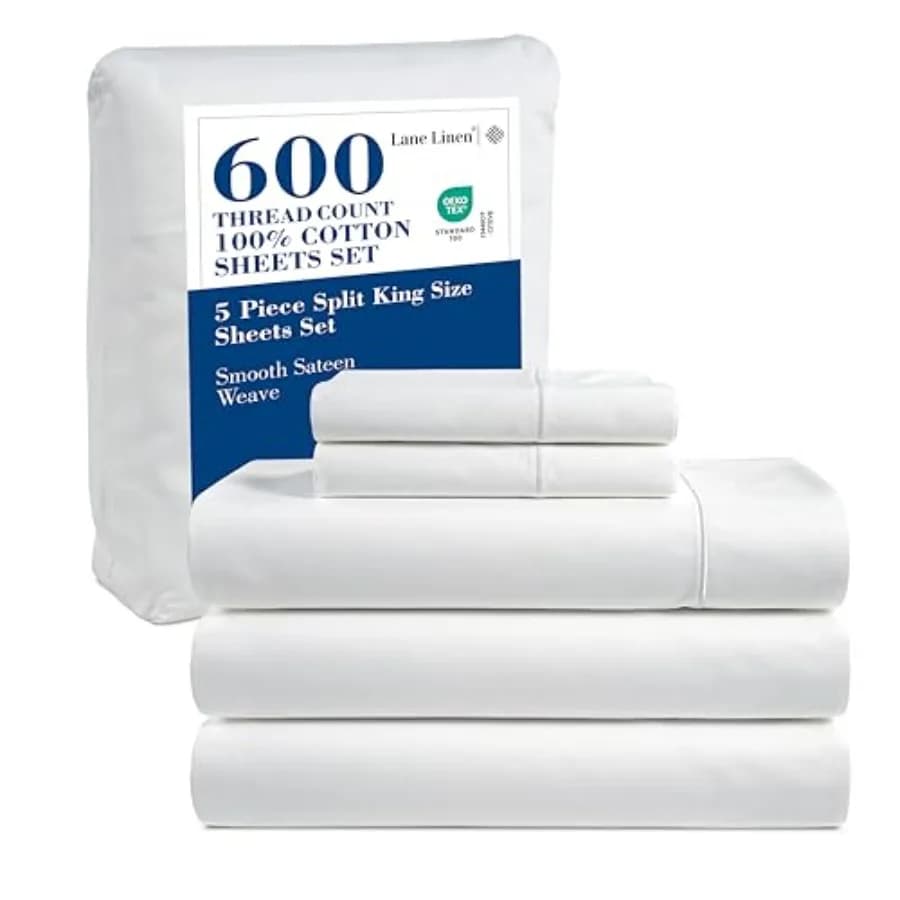 Set of Split King 600 Linens 100% Cotton for Adjustable Beds, Deep Pocket 15 Inches, Soft and Confortable, Made in Sustainable Way