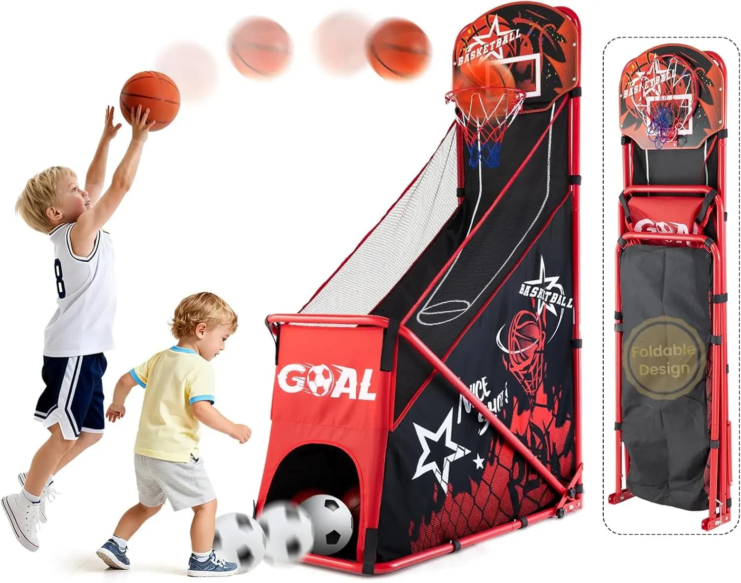 Set Canestro da Basket Pieghevole con Porta da Calcio - Giocattolo Sportivo Portatile per Interni ed Esterni per Bambini dai 3 ai 12 Anni, Include Pompa ad Aria e Palloni