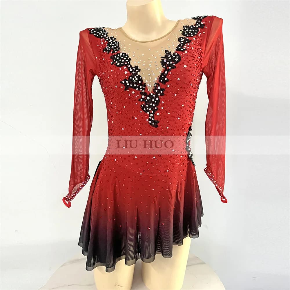 LIUHUO Abito da Pattinaggio di Figura sul Ghiaccio Donna Aldult Ragazza Personalizza Costume Prestazioni Competizione Danza Adolescenti Manica Lunga Rullo Rosso