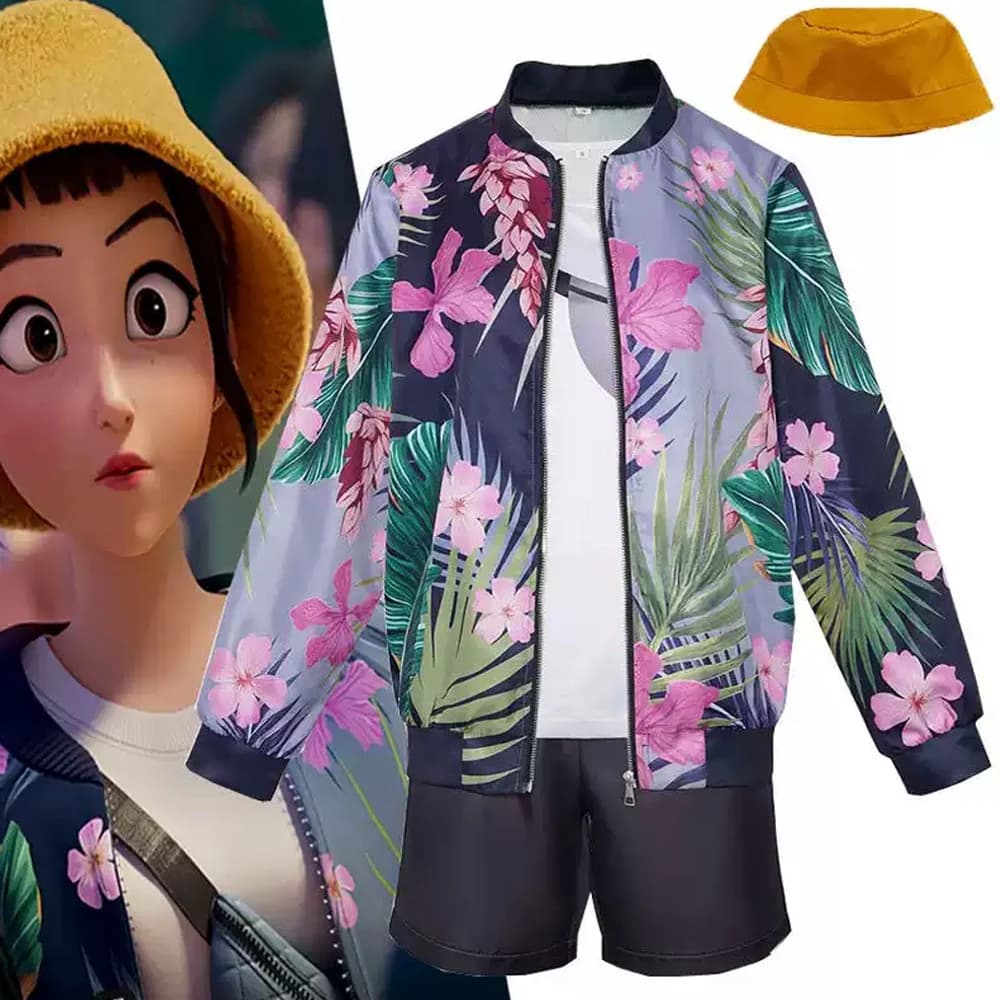 Zoey Cosplay Costume Zoey Floral Printed Jacket Outfit with Yellow Bucket Hat Anime Halloween Cosplay Suit