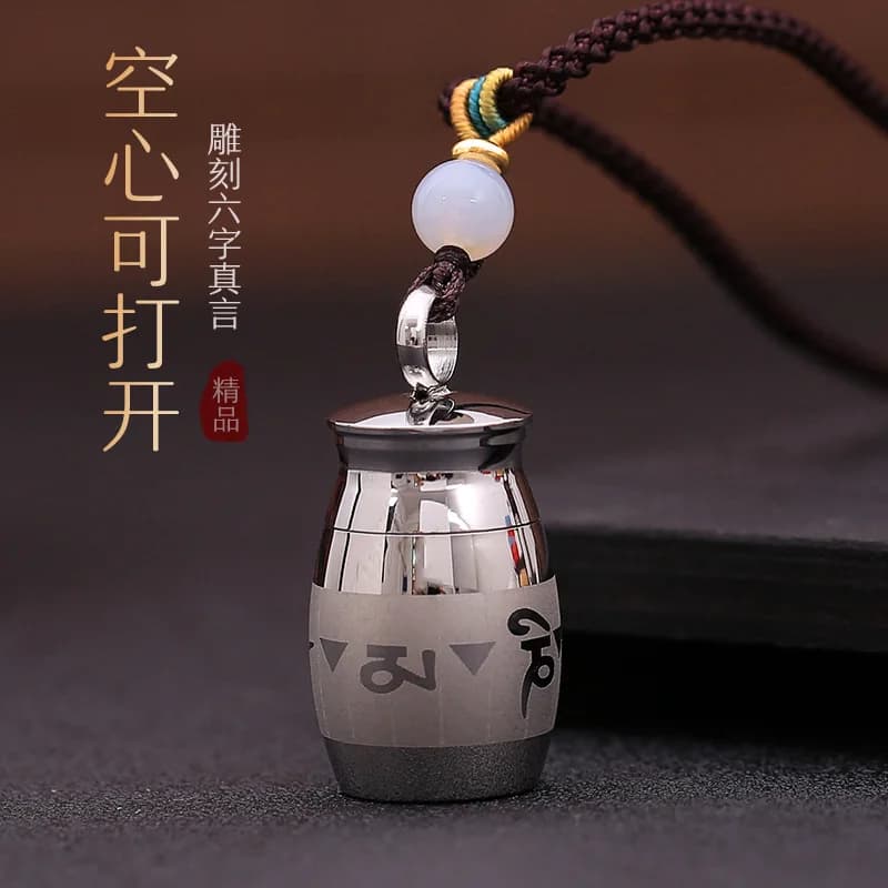 Chinese Style Six True Words Openable Hollow Lucky Blessing Pendant Necklace Stainless Steel Mini Pill Box Good Luck Fortune Amu
