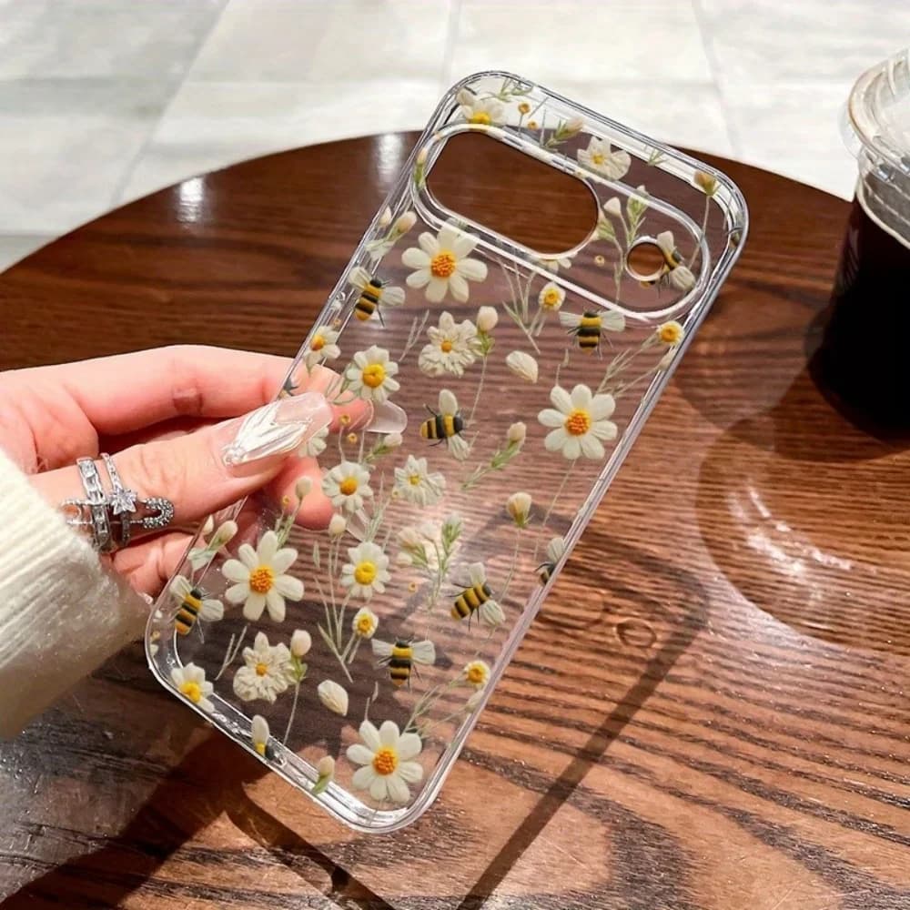 Custodia Morbida Trasparente con Motivo a Fiori e Ape per Google Pixel 10 9 8 7 6 Pro XL 9a 8a 7a 6a, Cover Antiurto in TPU Morbido