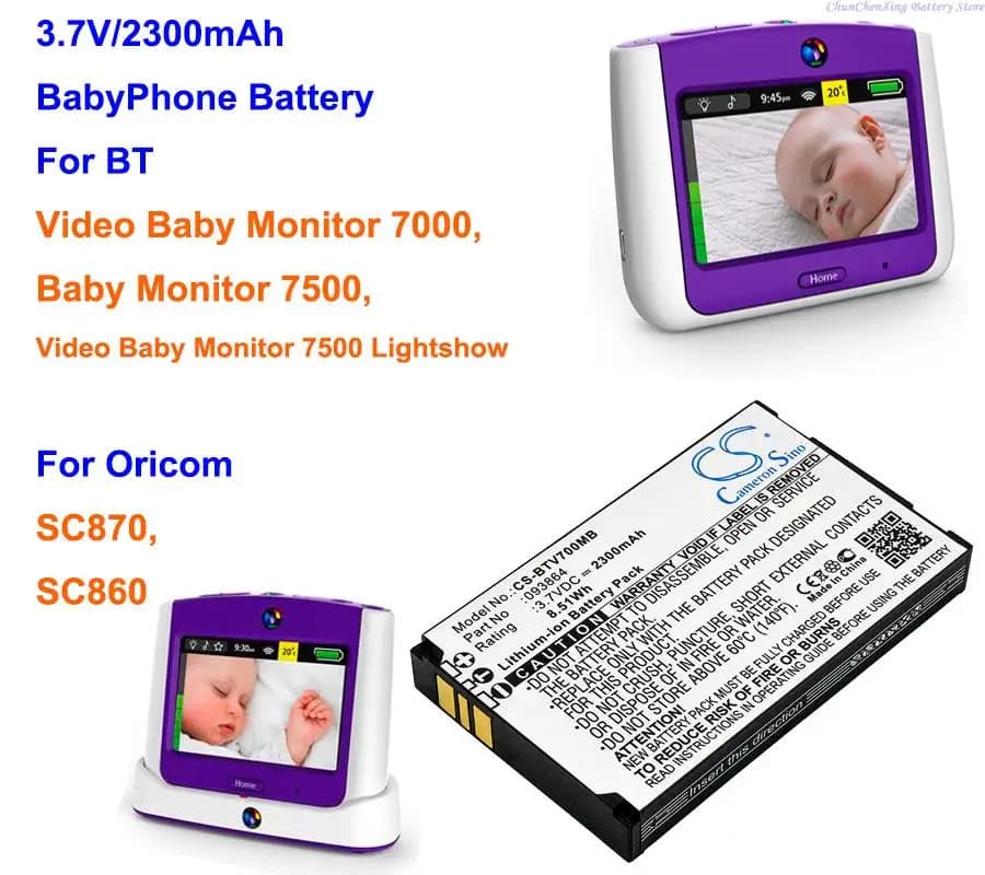 Batteria per babyphone da 2300 mAh per baby monitor BT 7500, baby monitor video 7000, 7500 luci, per Oricom SC860, SC870