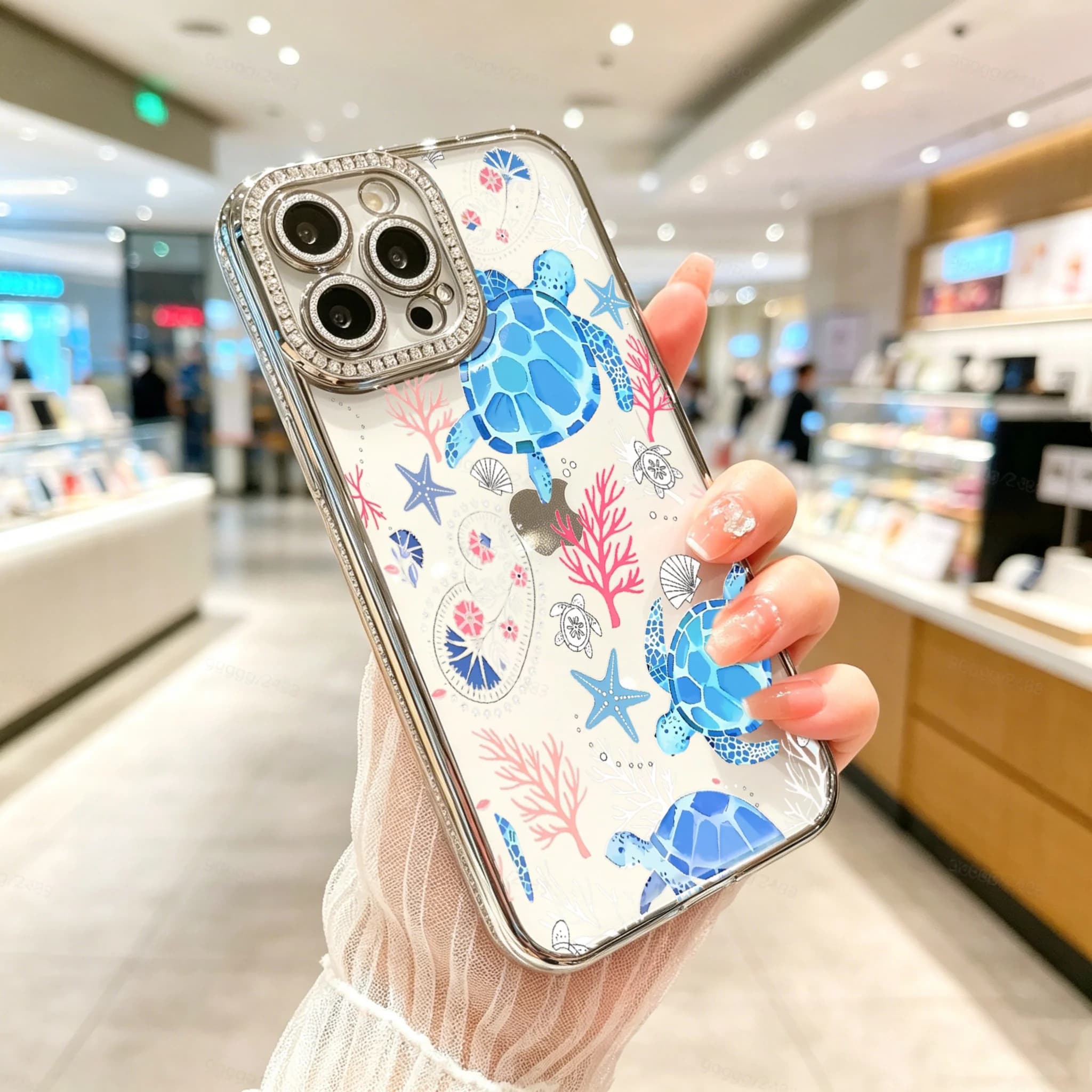 Diamond Electroplated TPU Phone Case for iPhone, Cute Ocean Style Phone Case, Blue Sea Turtle And Coral Pattern Design , Luxury Glitter Rhinestone Frame, Built-in Lens Protector, Anti-Slip Shockproof Clear Cover