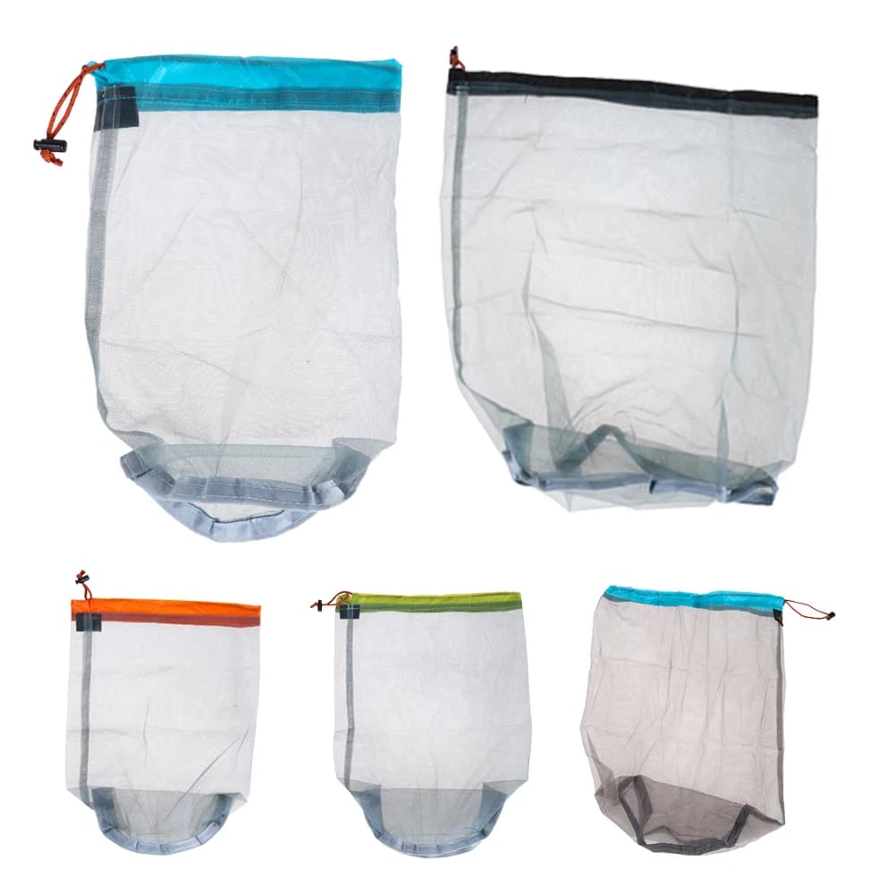 Sacche in rete di nylon ultraleggere con coulisse, sacchetti portaoggetti, sacchetti per bucato, sacchetti per esterni per campeggio, viaggi, escursioni, sport all'aria aperta