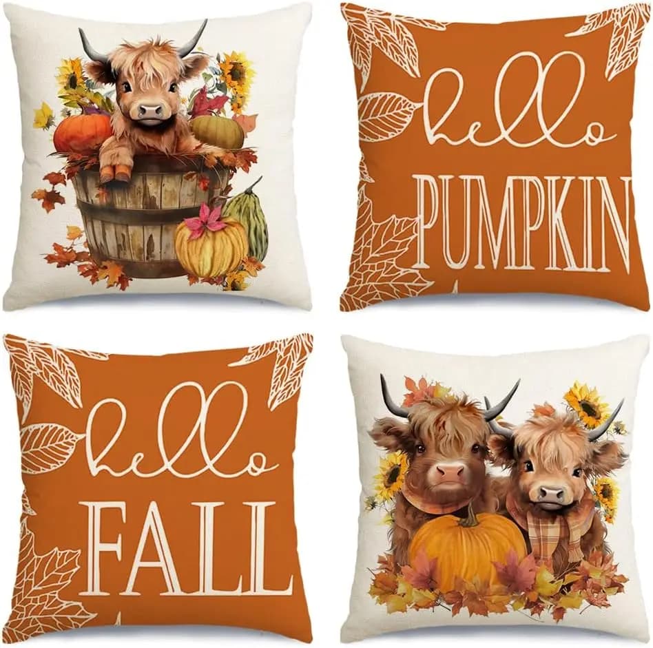 Autumn pillow lining Set of 4 pillowcases on the farm with autumn decorations for highland cow for sofa, outdoor Thanksgiving pump