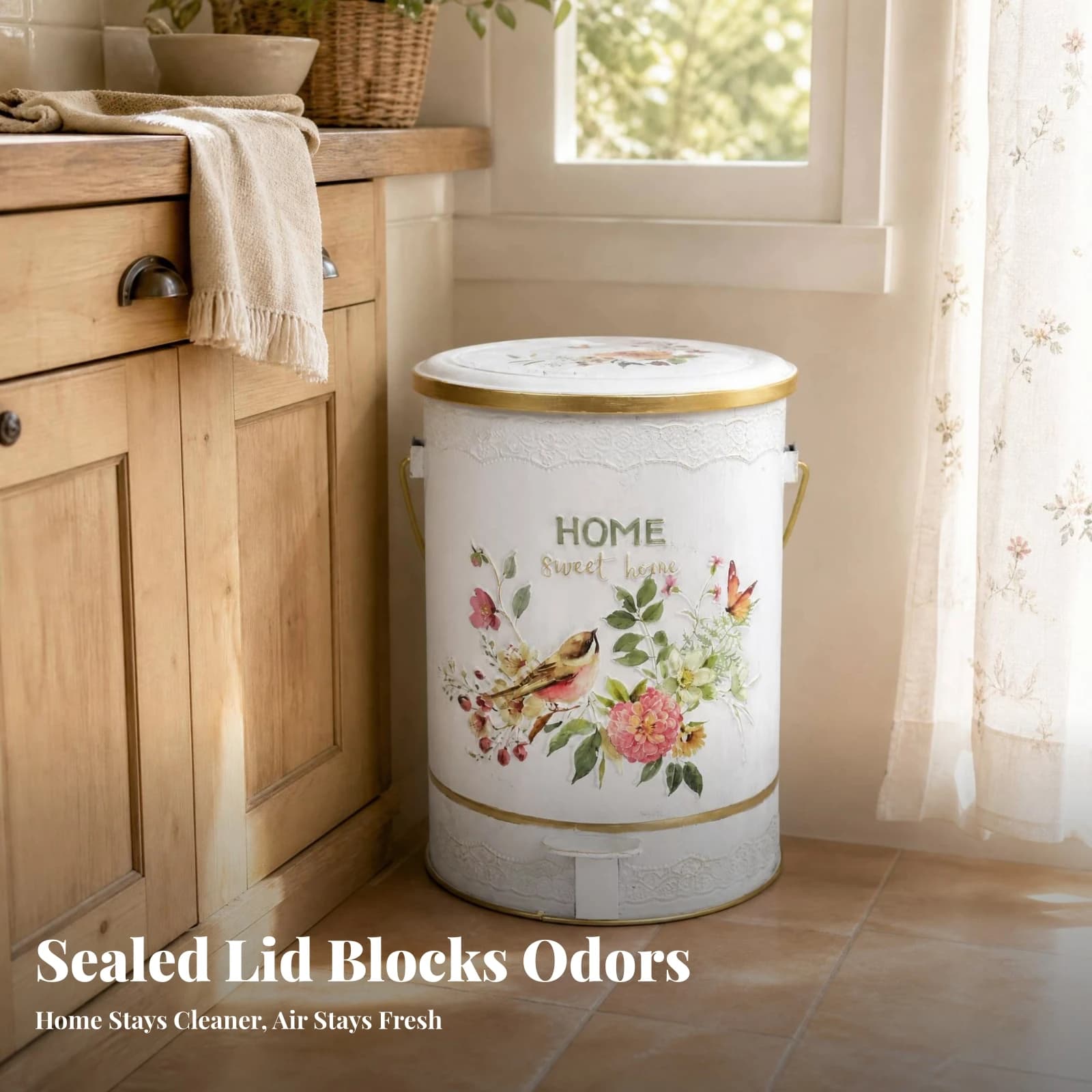 Carrying Handle Gold-Toned Accents Lidded Wastebasket Step Trash Can Pedal Trash Can Home Storage Handsunrestricted