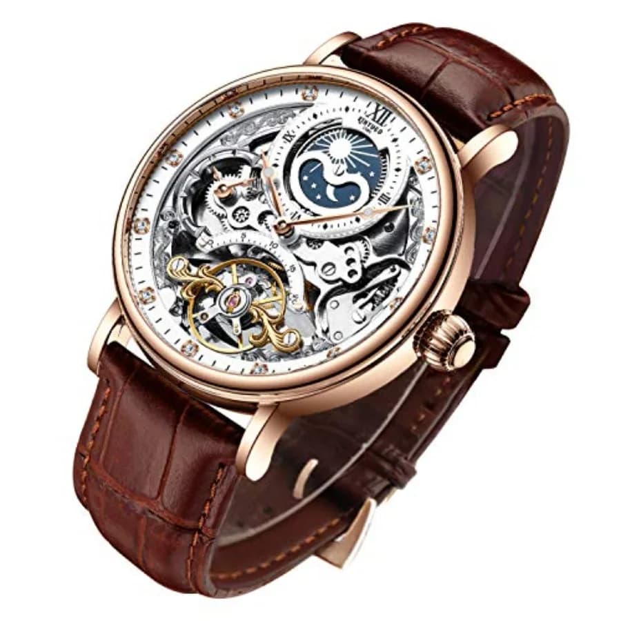 Orologio da Polso Meccanico Automatico Scheletrato di Lusso da Uomo IK COLOURING con Cinturino in Pelle, Fasi Lunari e Lancette Luminose, a Carica Automatica