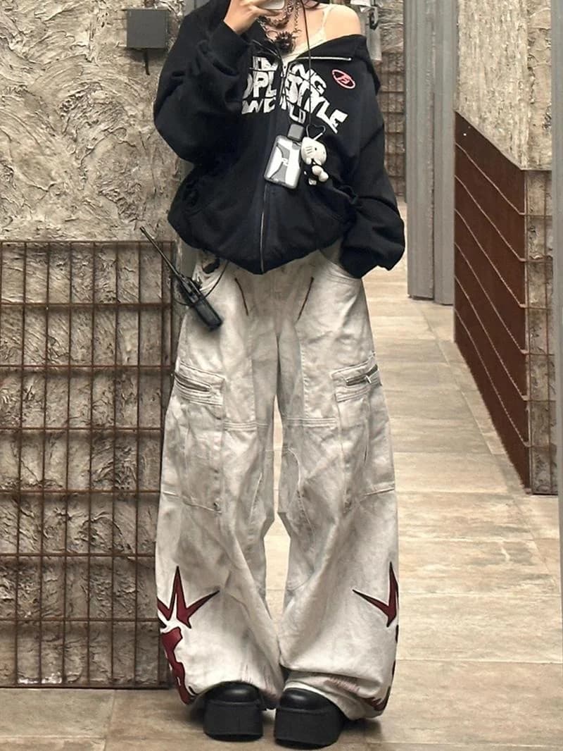 Retro American Washed Stain Color Patch Workwear Pants High Waist Denim Zipper Closure All Season Ladies Loose Fit Jeans