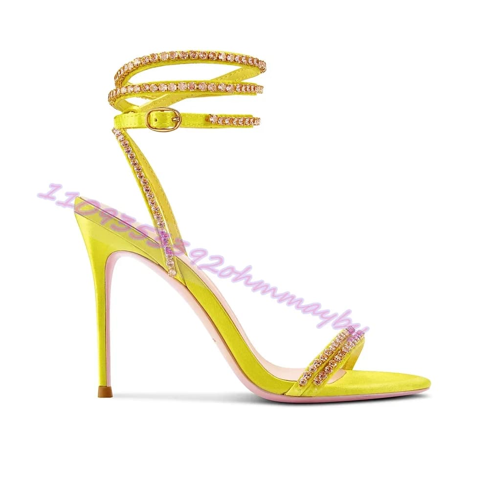 Sandali con Tacco Alto Gialli con Strass, Estivi, Punta Aperta, Cinturino alla Caviglia, Stiletto, Scarpe Eleganti da Sera e Festa per Donna