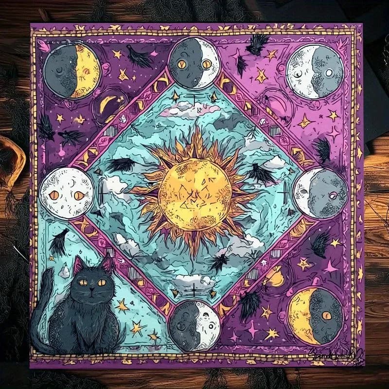 1pc Black Cat Moon Phase Tarot Altar Cloth Purple Witchy Sun Raven Witchcraft Astrology Divination Table Mat for Oracle Reading