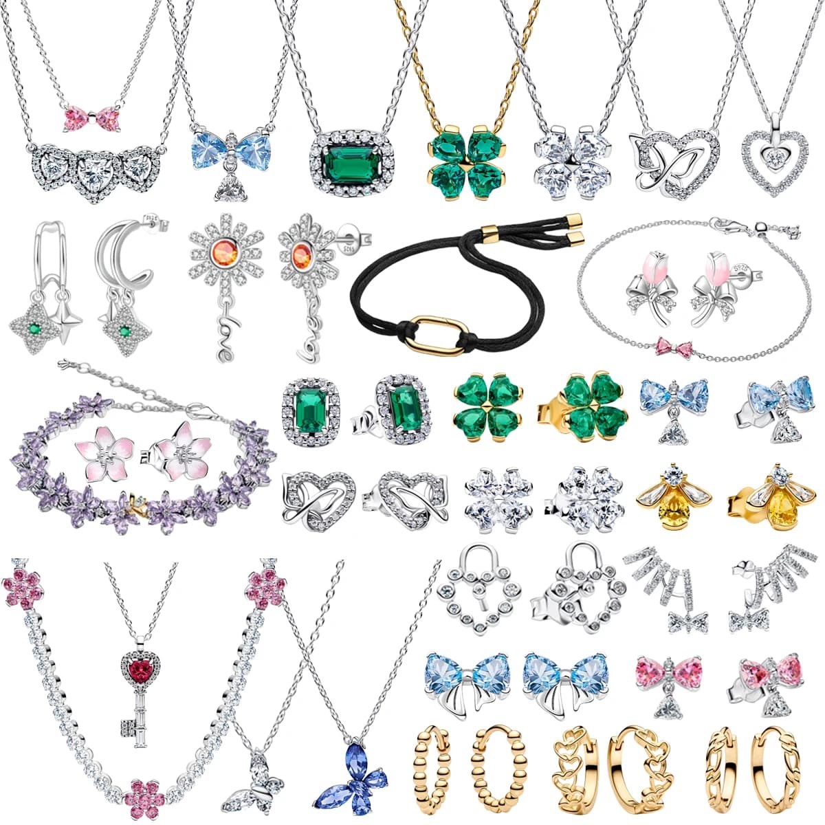 Offerta Speciale: Set di Gioielli in Argento Sterling 925 con Cuore, Quadrifoglio e Fiocco - Orecchini, Collana e Bracciale Regolabile, Ideale come Regalo per San Valentino