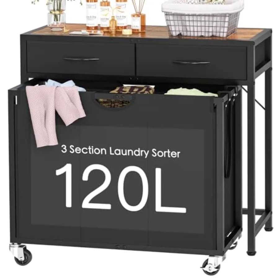 Laundry Sorter Rolling Laundry Hamper with 3 Section Pull-Out Bags Laundry Basket Organizer with 2 Drawers 2-Tone Top Panel Lau