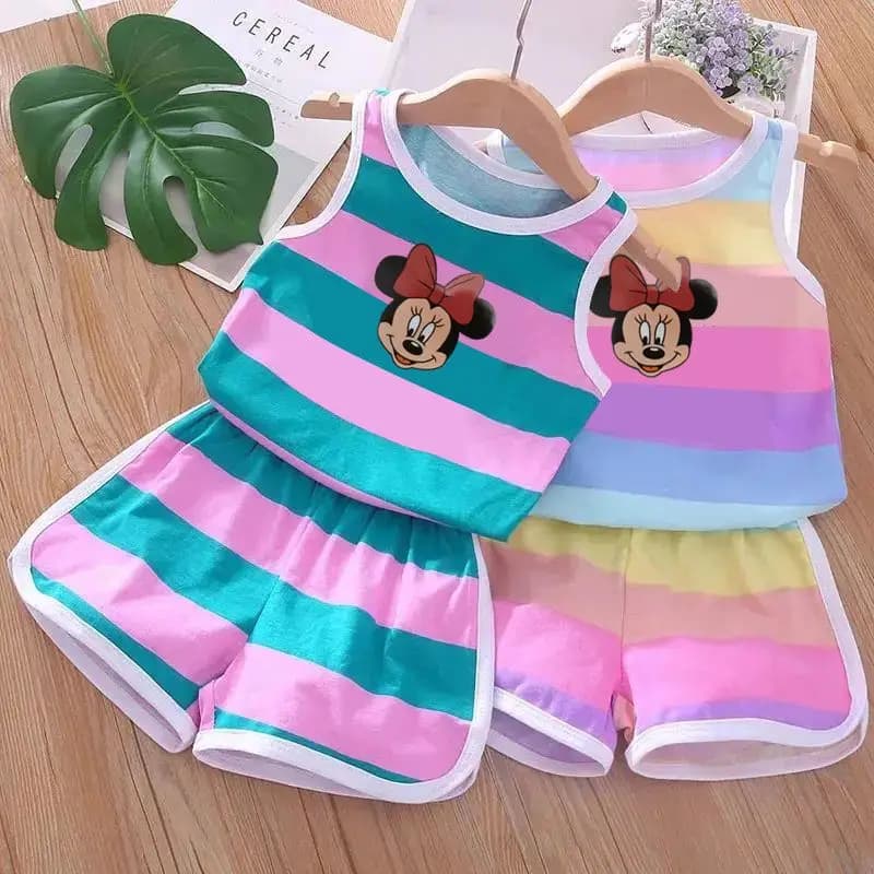 Children's Summer Dress Set Cute Cartoon Minnie Mickey Mouse Vest and Shorts for Girls and Boys 2 Pieces Disney Children's Dresses