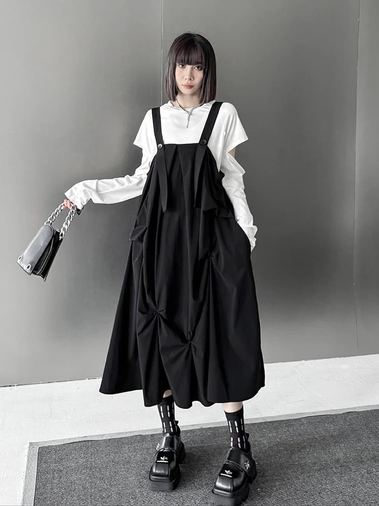 Fashionable Midi A-Line Dress Dark Hong Kong Style Pure Color Strap Design Spring Summer Autumn Ladies Casual Polyester Fiber
