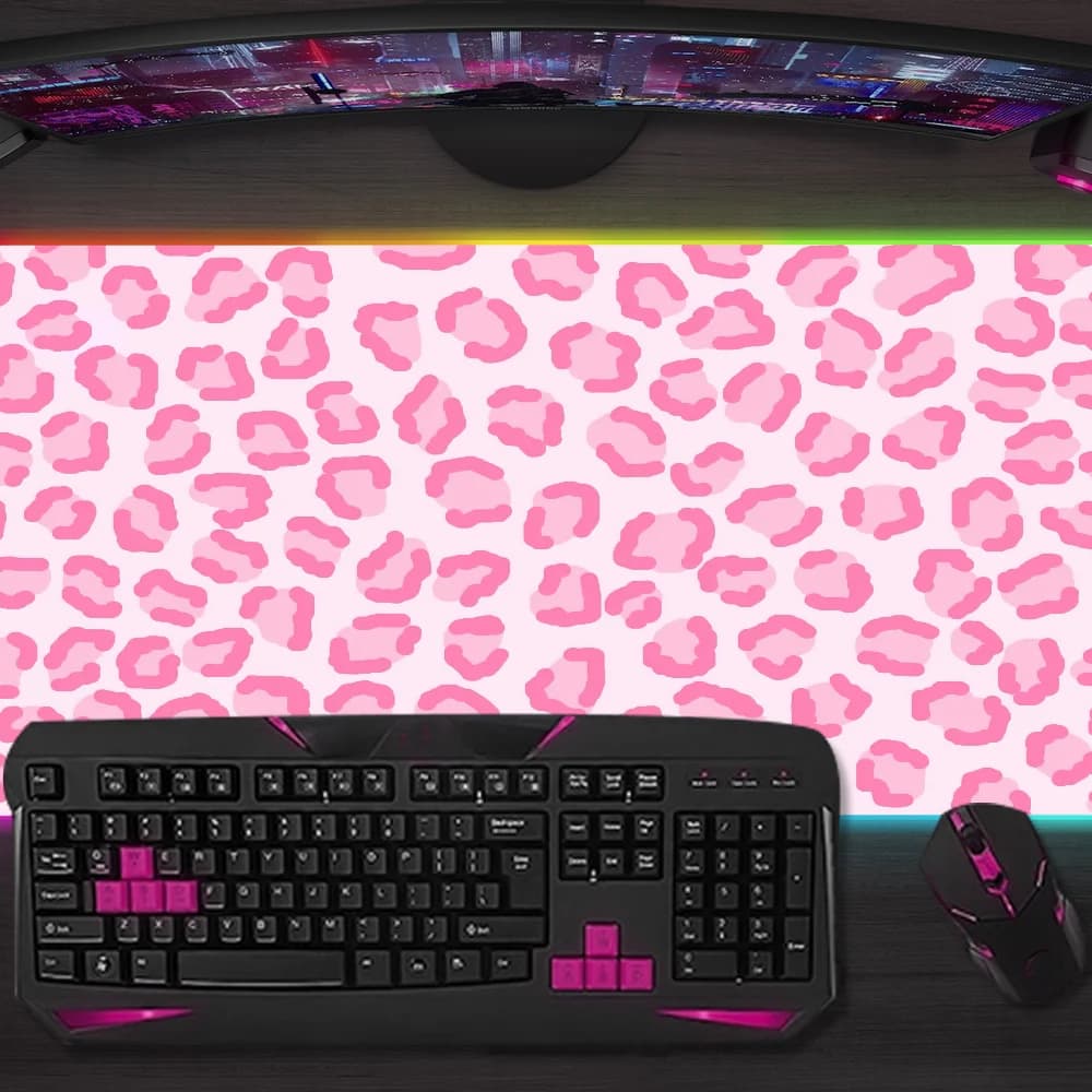 Tappetino per mouse rosa stile L-Leopard Tappetino per mouse da gioco Tappetini da tavolo a LED Tappetini da scrivania in gomma retroilluminati Micro USB Tappetini da scrivania RGB XXL