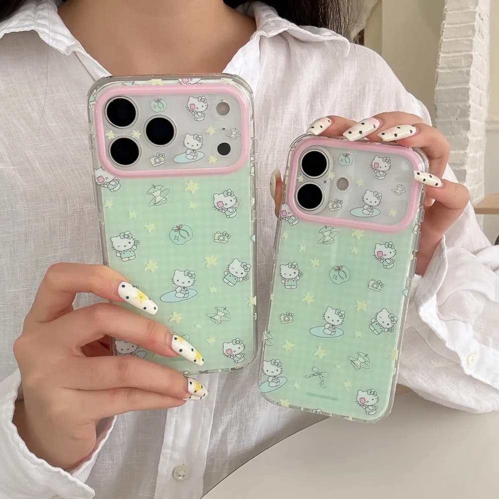 Sanrio Cute Cartoon Green Grid Hello Kitty Phone Case For iPhone 15 16 17 Pro Max Kawaii Lens Protection Shockproof Case Cover