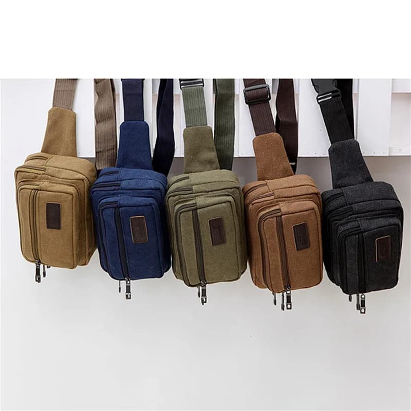 Men Waist Bag 4-Zipper Pocket Canvas Durable Functional Hiking Pack Belt Travel Bags Outdoor Sports Climbing Camping Pockets