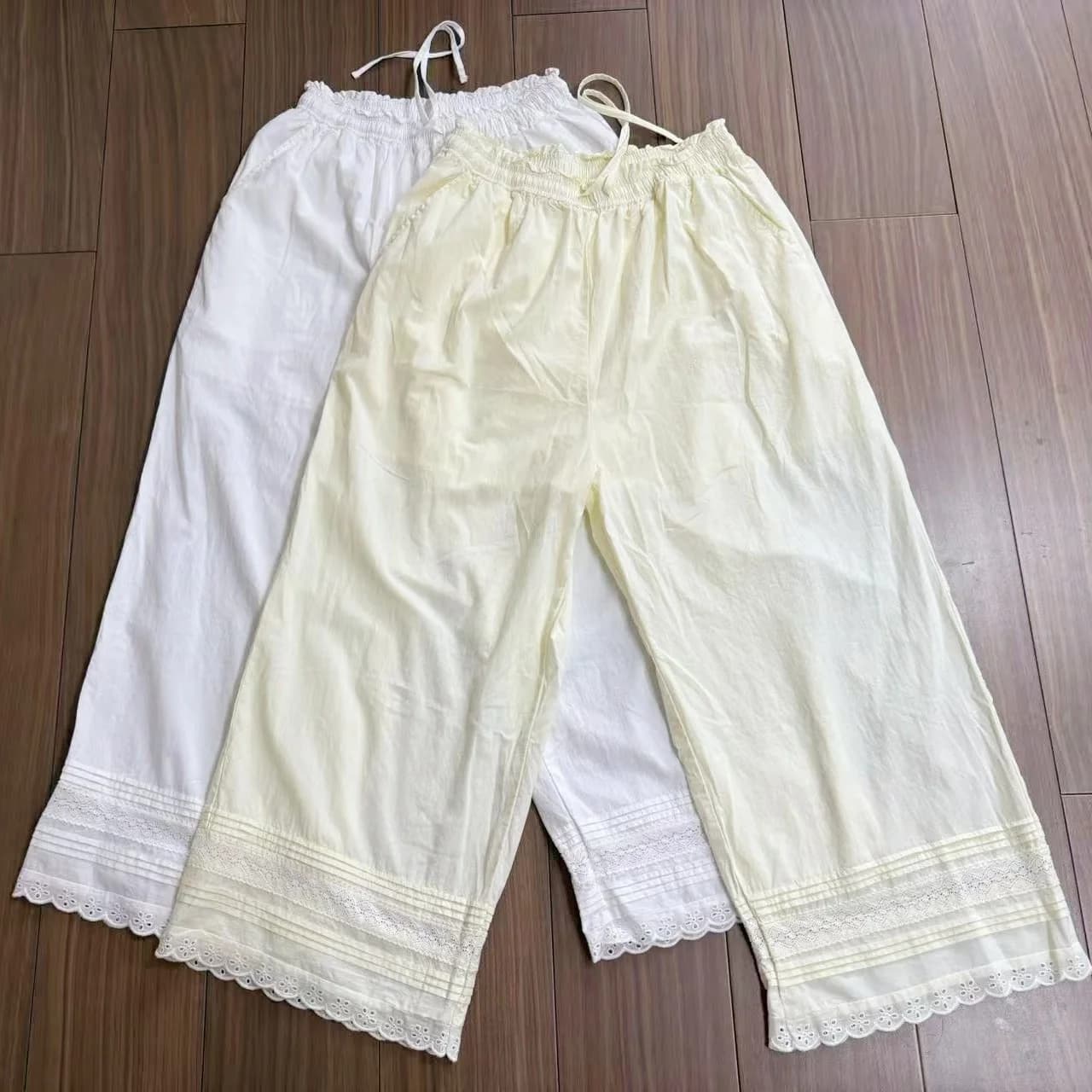 High Waist Straight Leg Pants with Lace Elastic Waist And Belt Thin Model Summer New Style Women's Organic Cotton Casual Pants