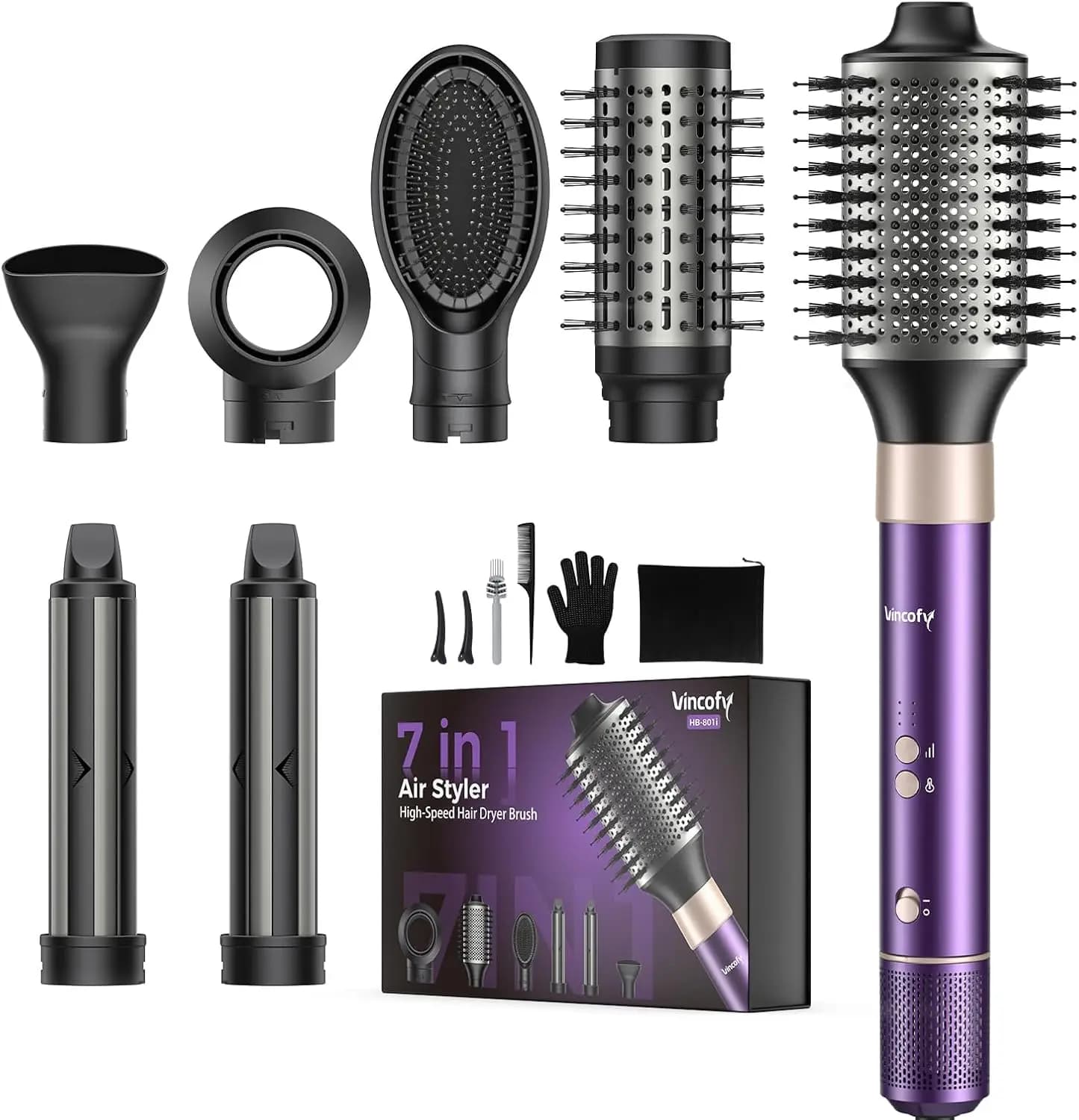 Set Spazzola Asciugacapelli 7-in-1: Asciugatura Rapida, Arricciatura, Lisciatura per Tutti i Tipi di Capelli - Viola