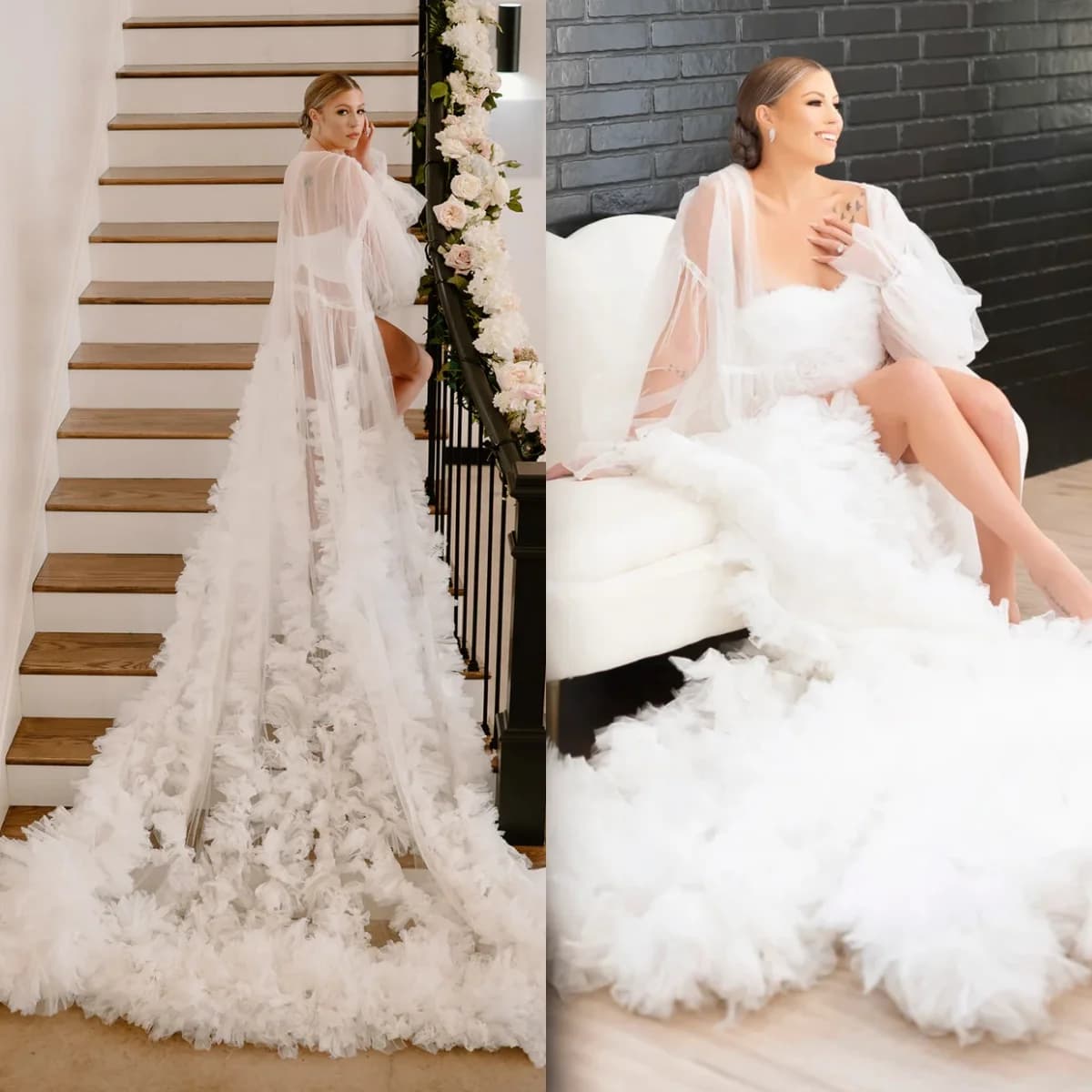 Puffy Ruffles Wedding Dress Increated Tulle Long Sleeve Women's Bathrobe Engraved Party Nightwear Transparent Folds Night Shirt Custom