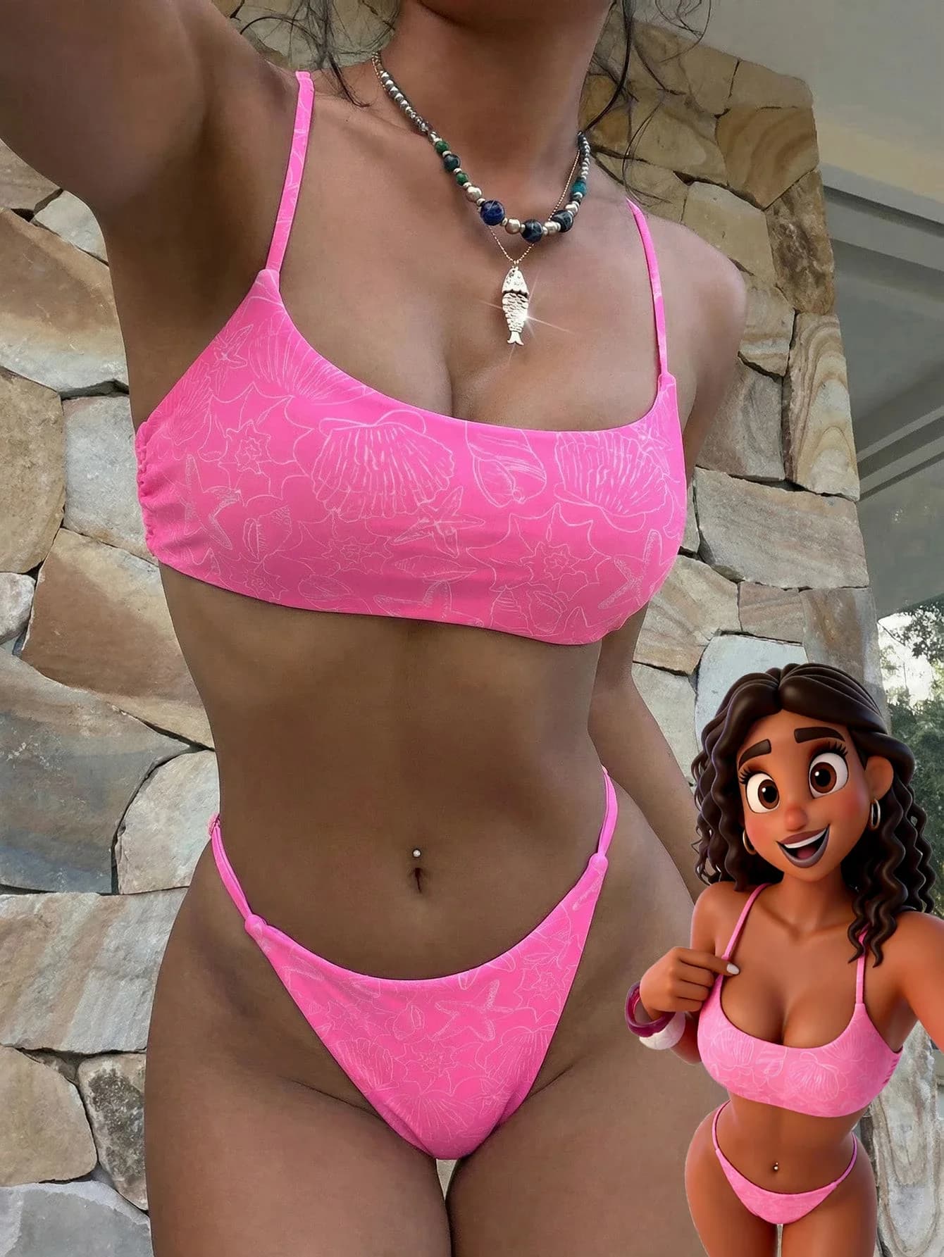 Set Bikini con Stampa Conchiglie Tropicali Rosa: Top con Spalline Sottili e Slip a Vita Alta per Spiaggia, Piscina, Festival, Estate 2026
