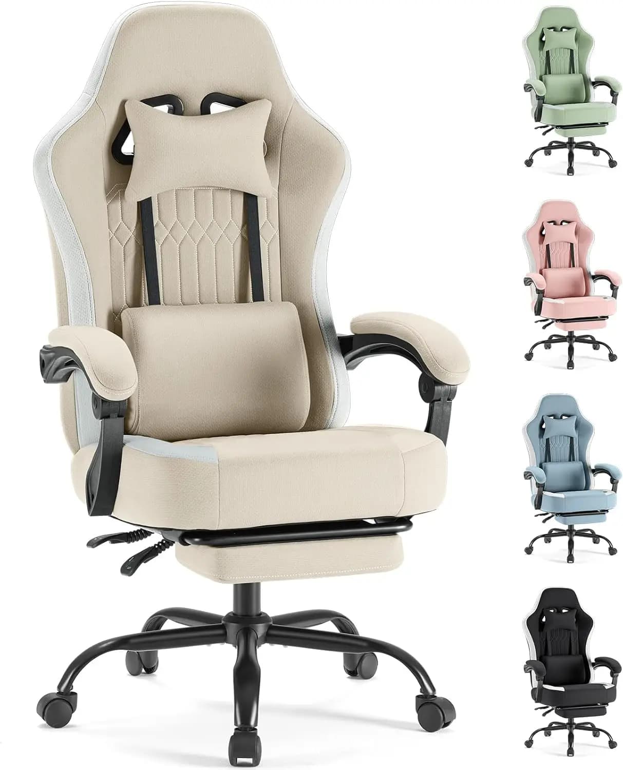 Ergonomic Gaming Chair with Footrest, Lumbar Support, Adjustable Height, Fabric, Khaki