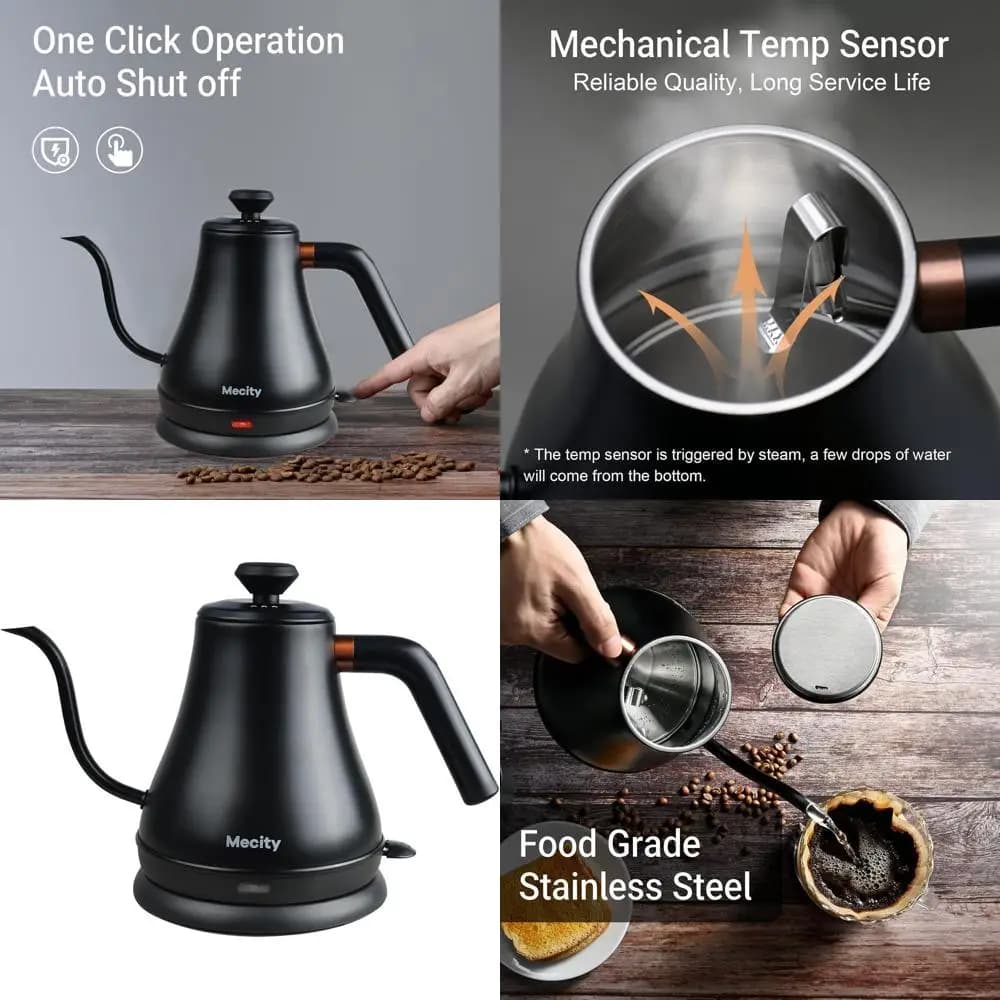 Stainless steel gooseneck electric kettle, 1000 W, 27 oz, automatic shutdown, matt black