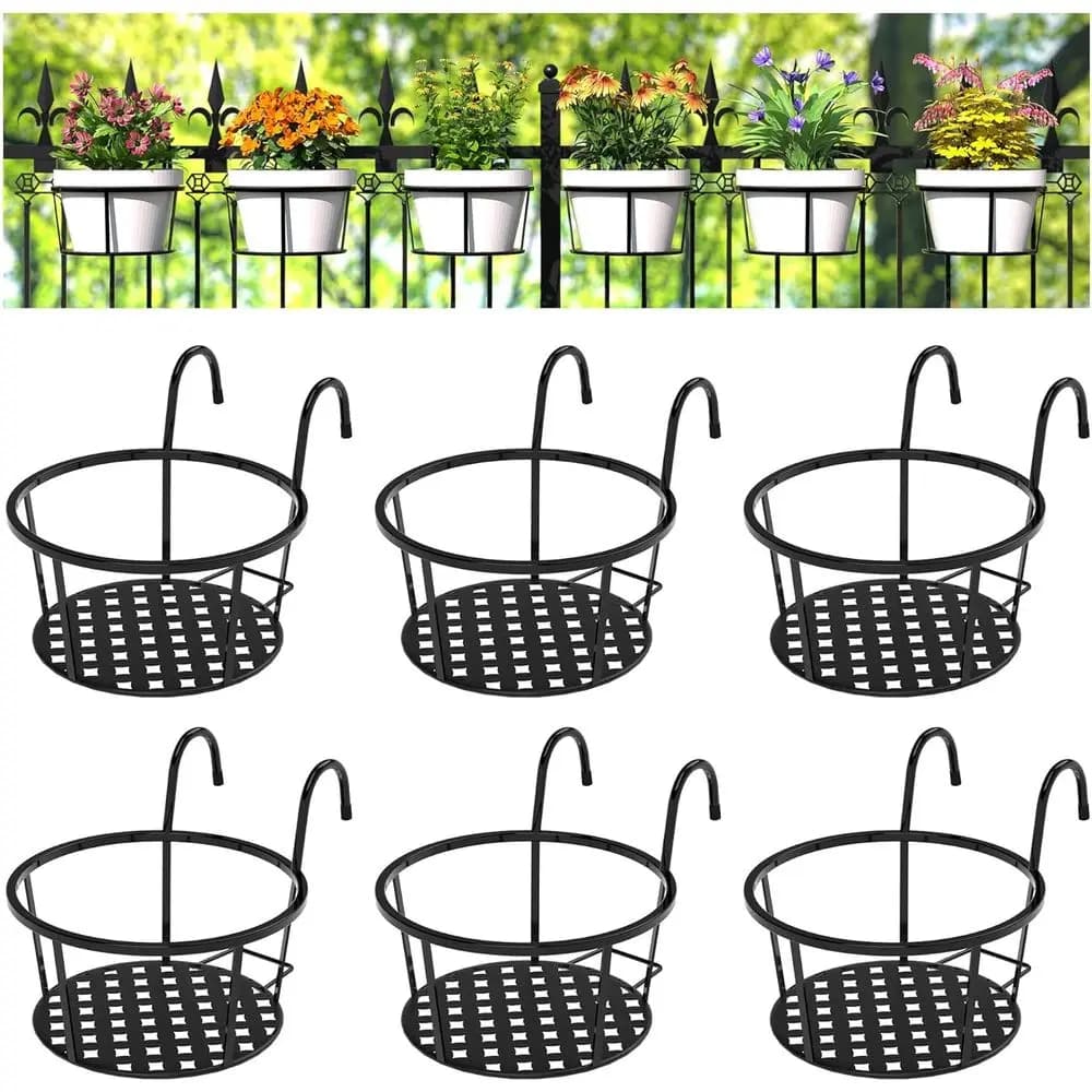 Supports for hanging plants in metal for railing or balcony, exterior door, packing with 6 (Black)