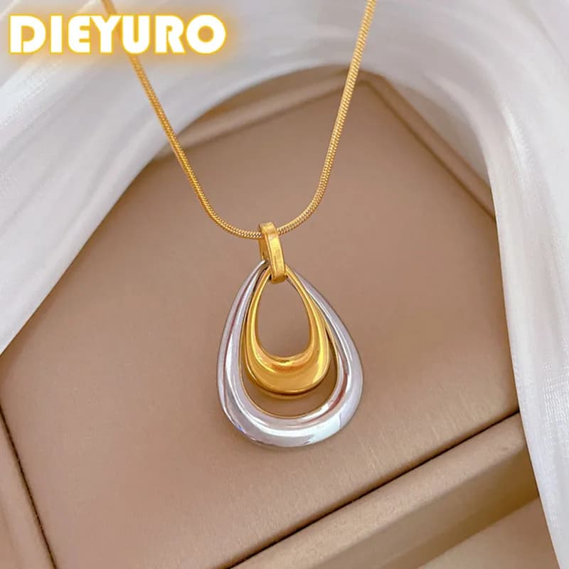 DIEYURO Collana con pendente a goccia d'acqua traforata in argento dorato moda in acciaio inossidabile 316L per ragazza Nuovo regalo di gioielli con catena clavicola