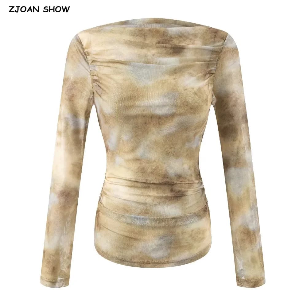 2025 Autunno Sexy Tie-dye Stampa Increspato Slash Spalla Manica intera T Shirt Donna Vita pieghettata T-shirt sottile Skinny Tee Canotte