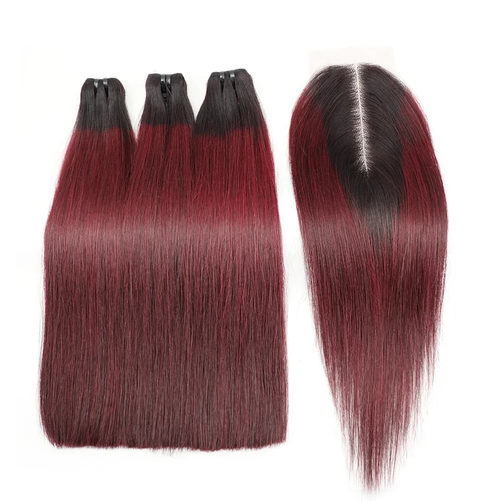 Capelli umani grezzi Vietnam lisci ossei 3 pacchi con chiusura 12a fasci super doppi disegnati 2x6 pizzo Kim K marrone OT1B99j Borgogna