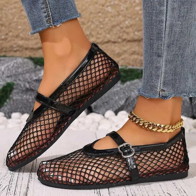 Scarpe Basse Estive da Donna in Rete Traforata, Ballerine Mary Jane con Punta Tonda, Sandali Traspiranti con Cinturino a Fibbia, Calzature da Donna Monocolore