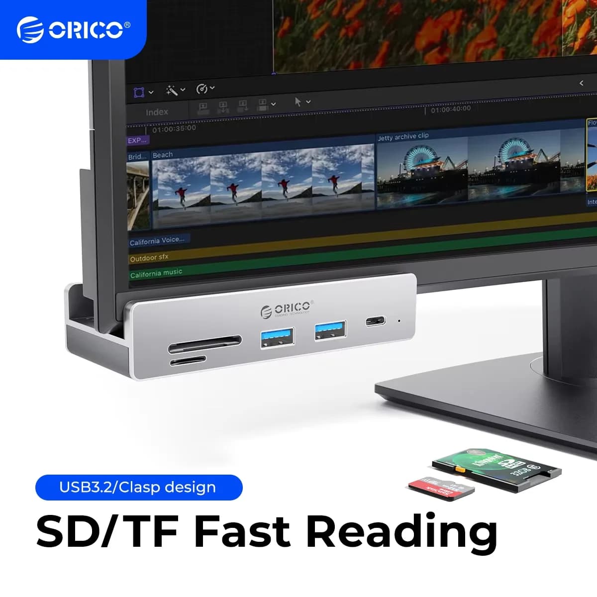 ORICO MH5PC USB 3.2 Hub 6-Port Expansion with Power Connector 10Gbps Protocol High-Speed Transmission SD TF Card Fast Reading
