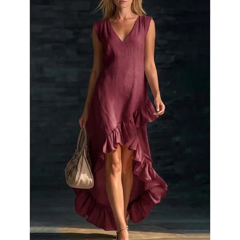 Elegante Abito Lungo Estivo da Donna Senza Maniche con Scollo a V Profondo e Orlo Asimmetrico con Volant
