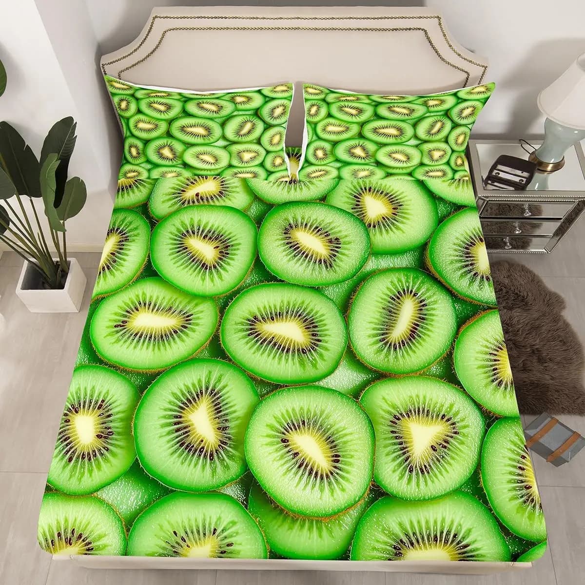 Kiwi Fitted Sheet Delicious Fresh Kiwi Pattern Print Bedding Set for Kids Girls Fruits Theme Sheet Set Soft Polyester Bed Sheets