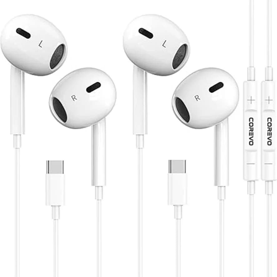 2 confezioni di auricolari USB C con cavo, cuffie di tipo C con cancellazione del rumore, microfono e controllo in linea. Design leggero semi-in-ear di alta qualità