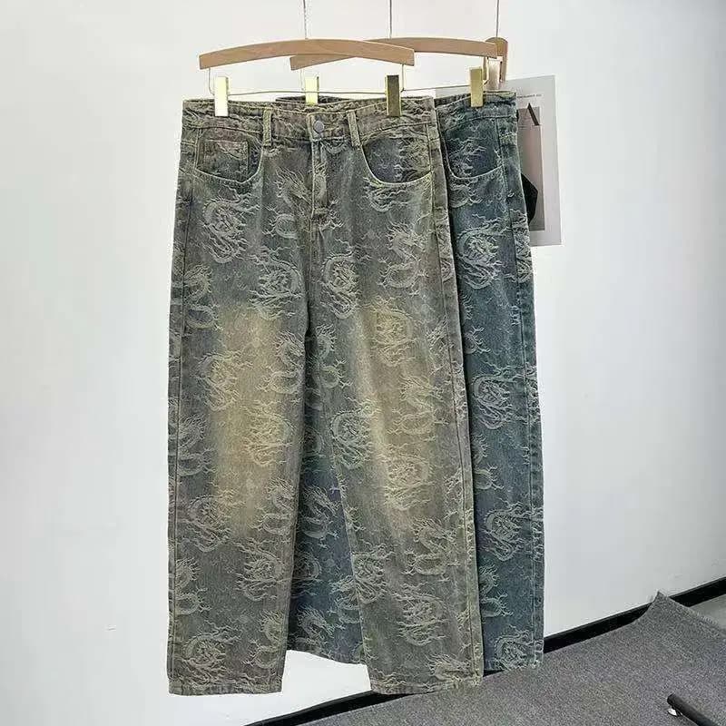 Jeans da uomo jacquard con motivo drago, nuovo stile 2026, primavera ed estate, stile americano high street, pantaloni dritti larghi di marca alla moda