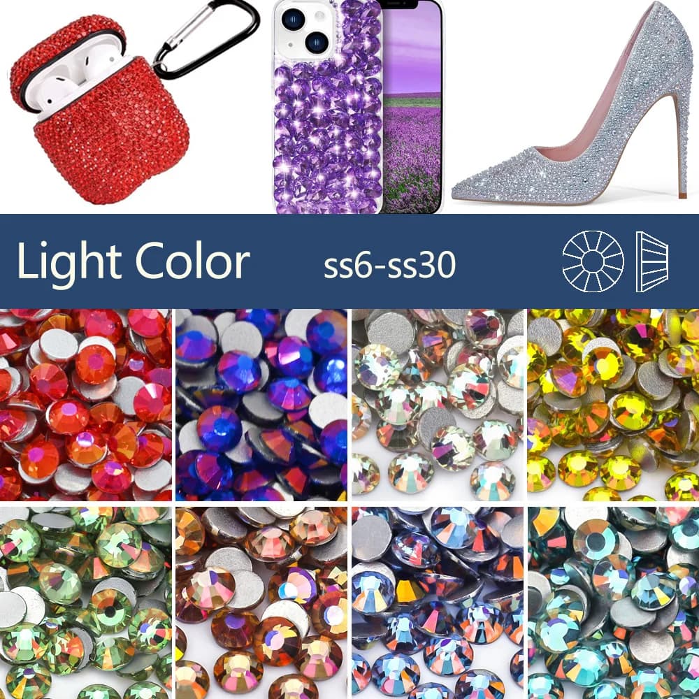 Strass in Vetro Non Termoadesivi Serie Light SS6-SS30 per Decorazioni Unghie, Cristalli per Nail Art, Strass Flatback
