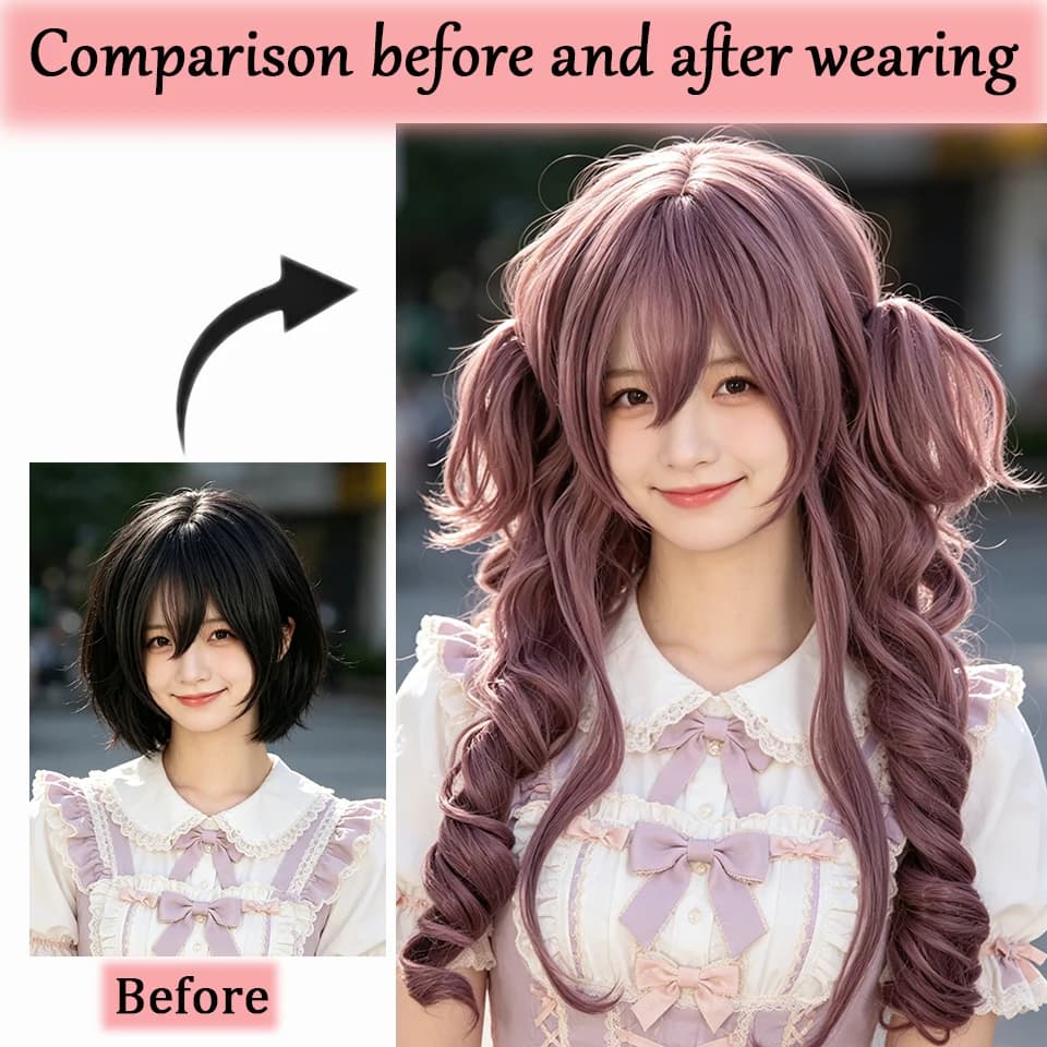 Synthetic Long Curly Wavy Gray Purple Wig With Short Ponytail Natural For Women Daily Party Lolita Cosplay Christmas Halloween