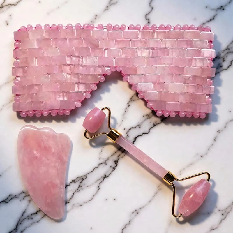 Mask for Eyes in Natural Rose Quartz, Relaxing Massage, Yellow Facial Roller, Slender Face Massage, Guasha Tool, Gouache Raschietto