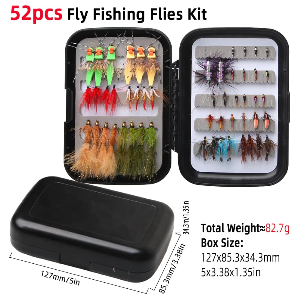 Assortment of fly fishing flies 52/100 pieces - Dry / humidified flies, woolly Bugger, hare ear Ninfa, real Wulff with equipment box