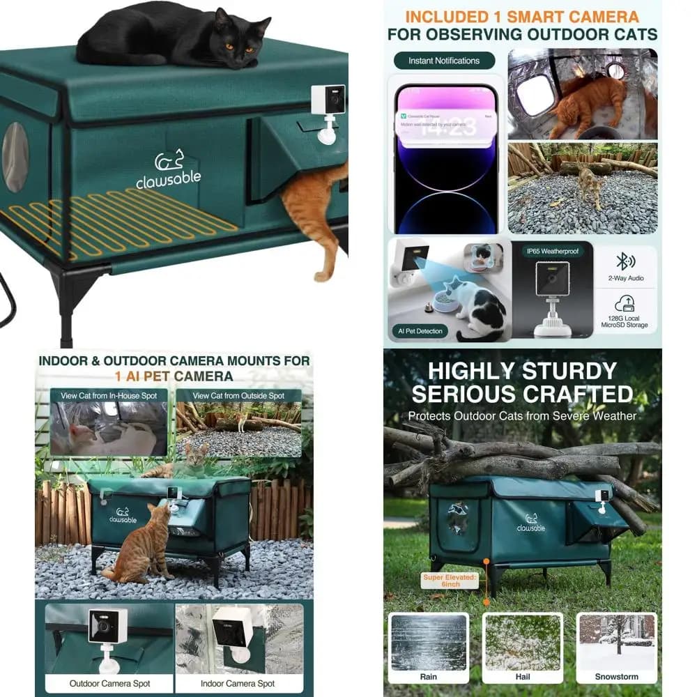 Riparo per gatti da esterno isolato impermeabile con riscaldatore, porta di fuga, telecamera per animali domestici per l'inverno (verde foresta, 25,5x16x18 pollici)