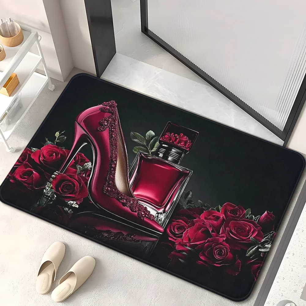 Tappetino per porta con design Rose e tacchi alti, tappeto lavabile assorbente antiscivolo per camera da letto, soggiorno, ingresso, decorazione per picnic all'aperto, yoga