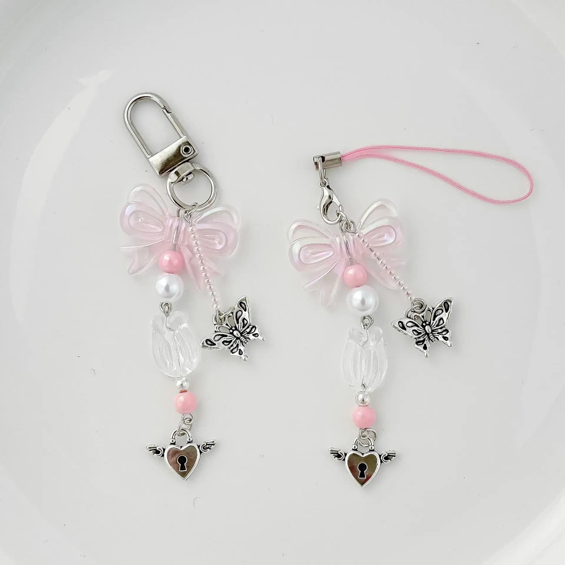Nuovo fiocco perlina catena per cellulare ciondolo rosa amore serratura zaino catena appesa decorazione portachiavi regalo all'ingrosso