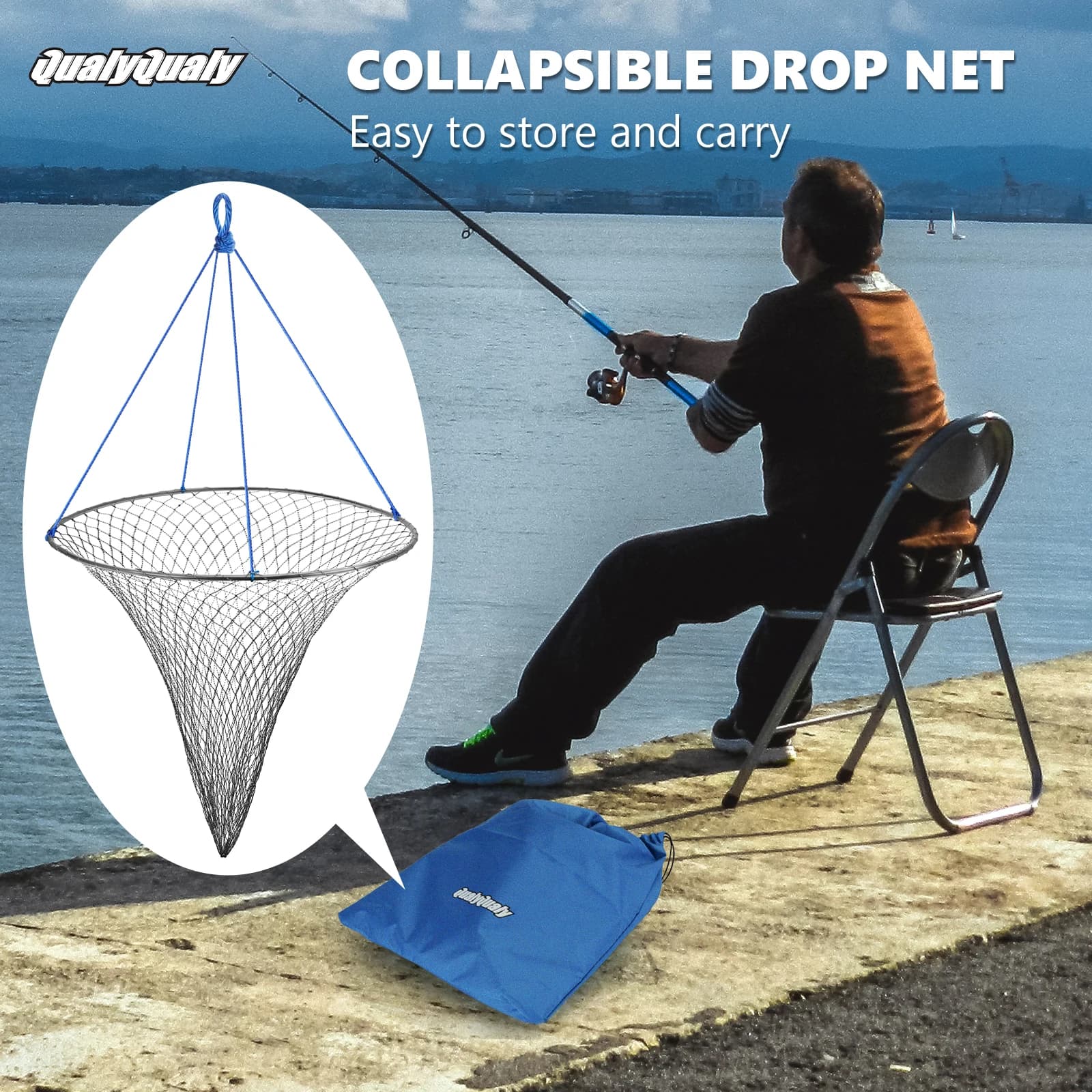 Large Bridge and Pier Fishing Net 32in 39in Foldable Drop Net Pier Fishing for Saltwater with Rope Landing Net with Nylon Mesh