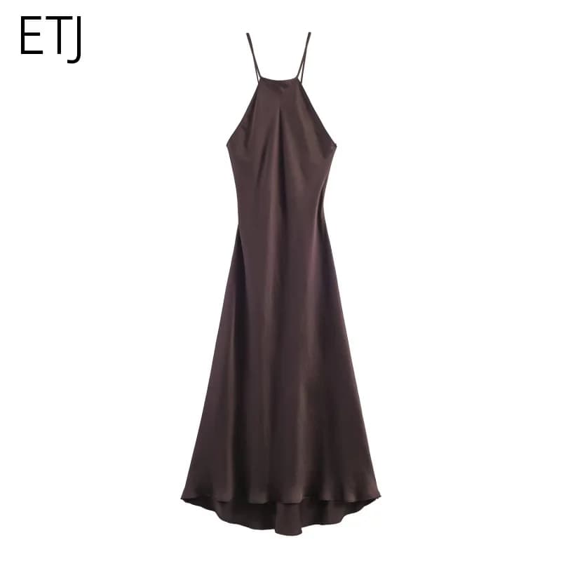 Dress Midi in Raso ETJ Women's Spring 2026 with American Neckline, Spalline knotted on the Retro, Asymmetrical hem, Elegant for Evenings and Celebrations, a Fashion Piece that makes Trend