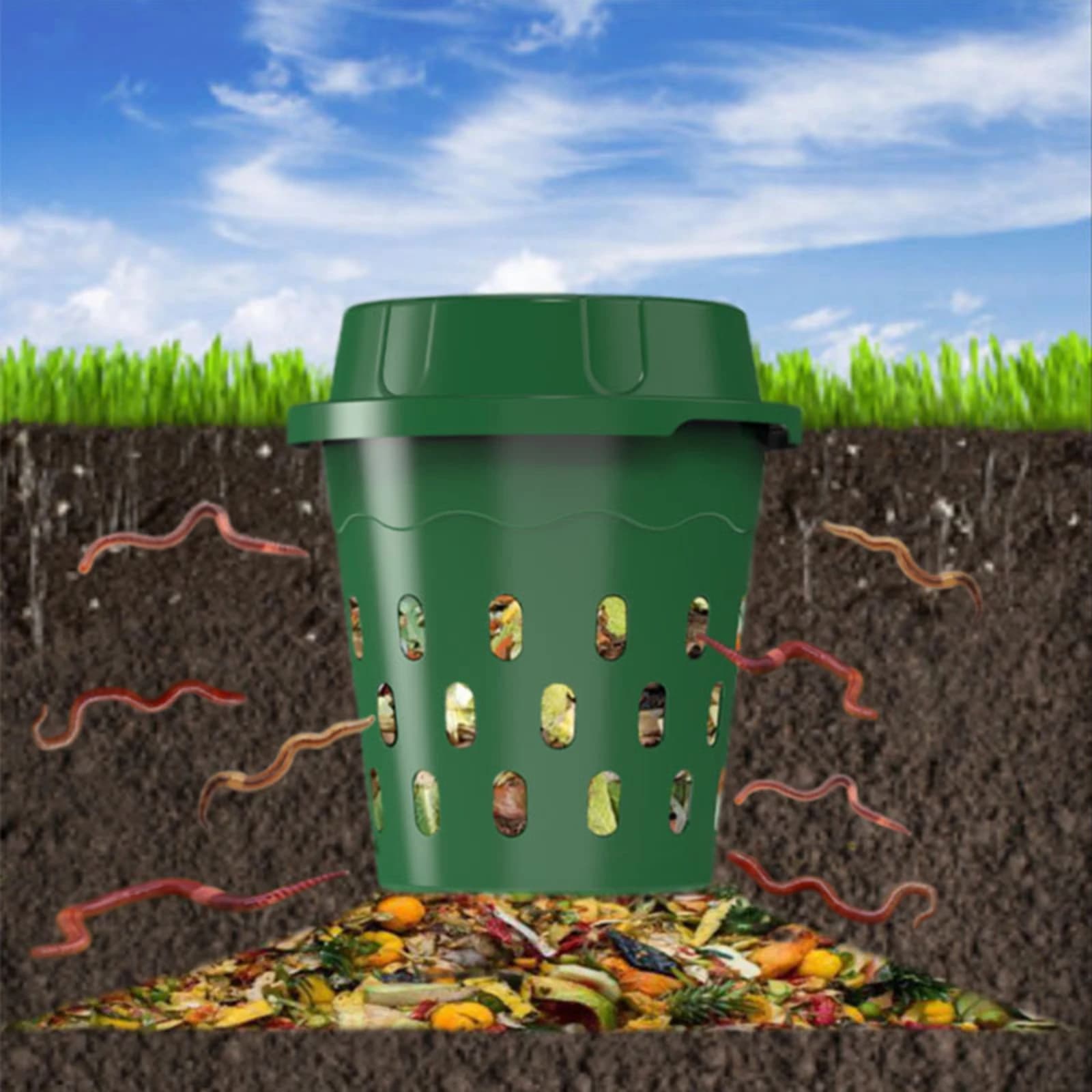 Contenitore per Compostaggio in Plastica Organica da Giardino, Bidone Interrato per Rifiuti Domestici e da Cucina, Secchio per Compostaggio con Vermi 1pz