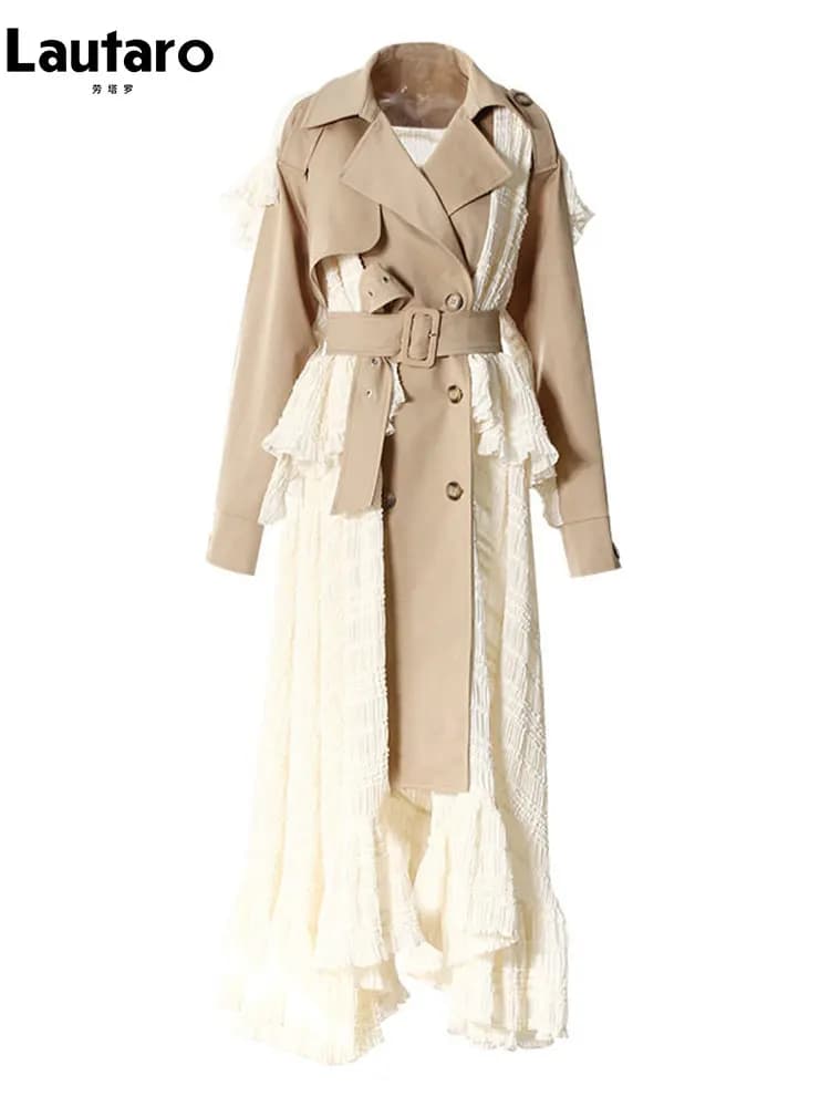 Lautaro Spring Autumn Long Lace Patchwork Trench Coat for Women Belt Elegant Chic Stylish Luxury Designer European Clothes 2026