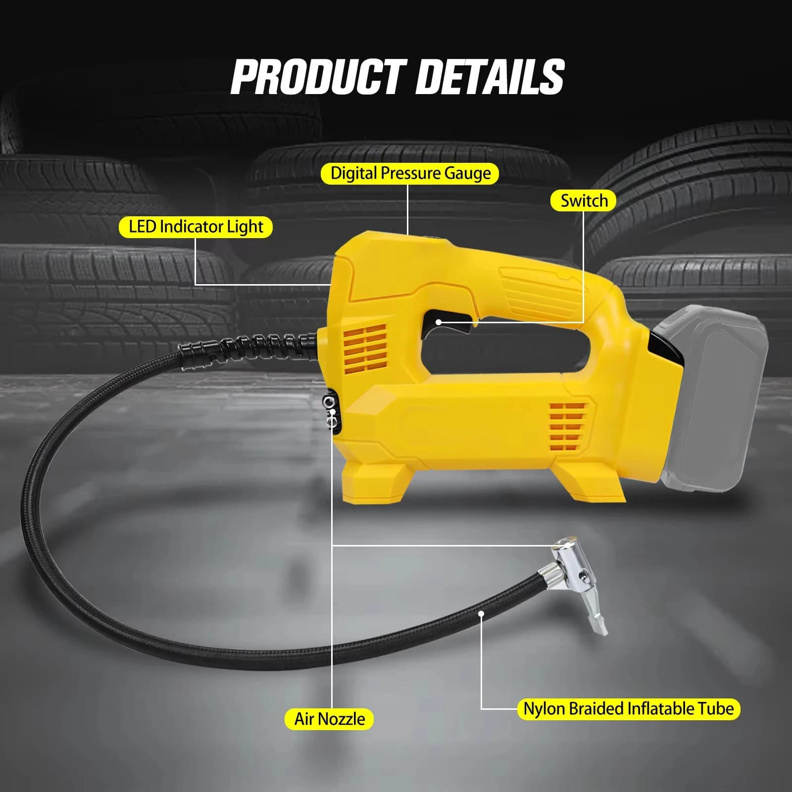 Pompa d'aria elettrica portatile senza fili con display digitale, compressore d'aria per auto e biciclette, compatibile con batteria Dewalt 20V.
